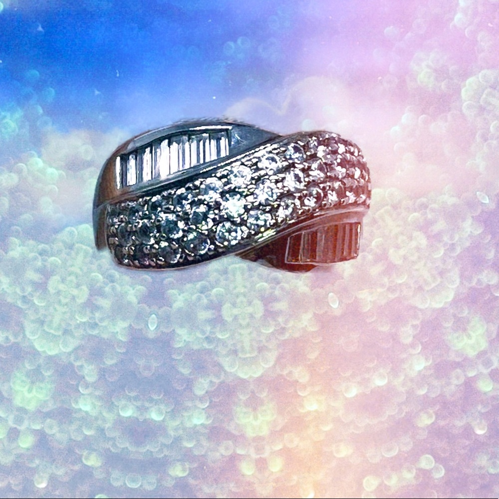 Pave Round & Baguette CZ Sterling Cross Over Ring